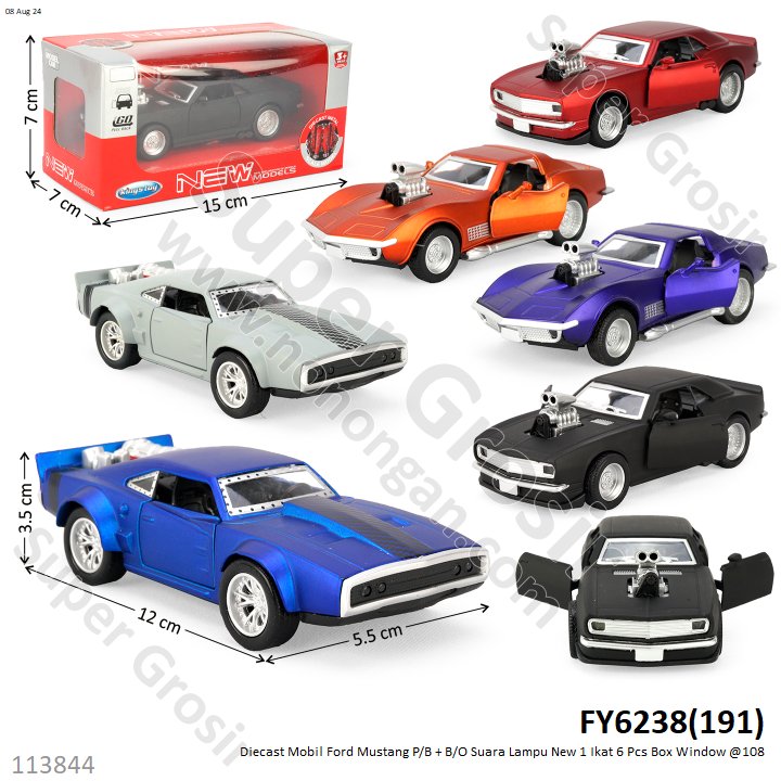 Diecast Mobil Ford Mustang P/B + B/O Suara Lampu New 1 Ikat 6 Pcs Box Window @108