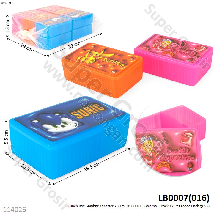 Lunch Box Gambar Karakter 780 ml LB-0007K 3 Warna 1 Pack 12 Pcs Loose Pack @288
