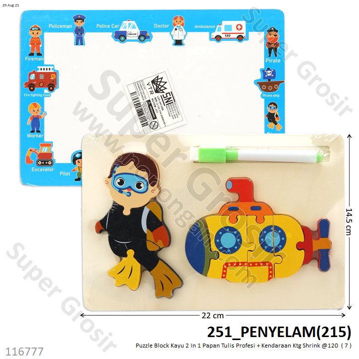 Puzzle Block Kayu 2 In 1 Papan Tulis Profesi + Kendaraan Ktg Shrink @120