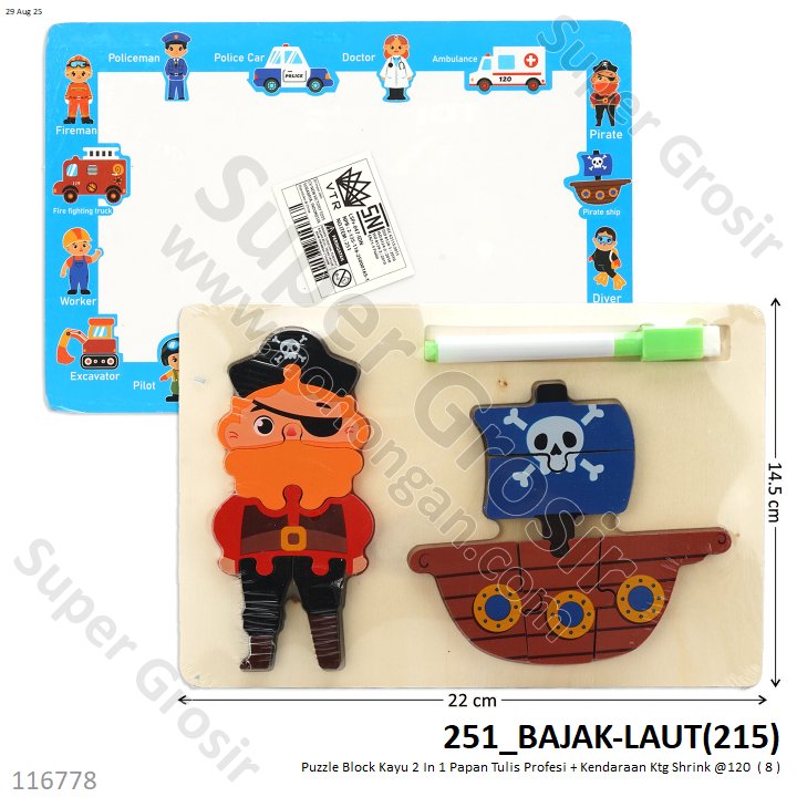 Puzzle Block Kayu 2 In 1 Papan Tulis Profesi + Kendaraan Ktg Shrink @120