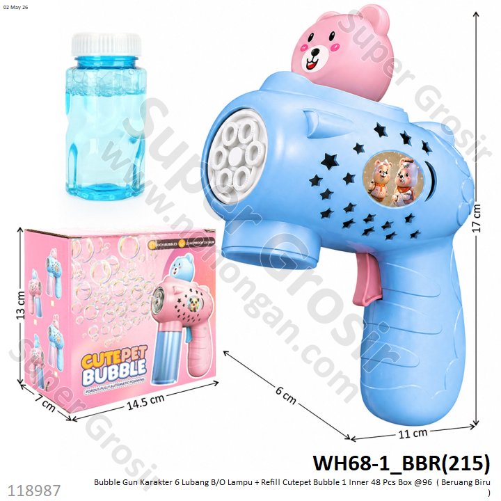 Bubble Gun Karakter 6 Lubang B/O Lampu + Refill Cutepet Bubble 1 Inner 48 Pcs Box @96