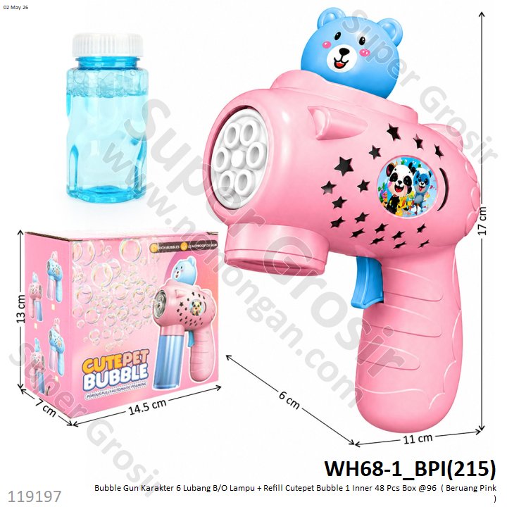 Bubble Gun Karakter 6 Lubang B/O Lampu + Refill Cutepet Bubble 1 Inner 48 Pcs Box @96