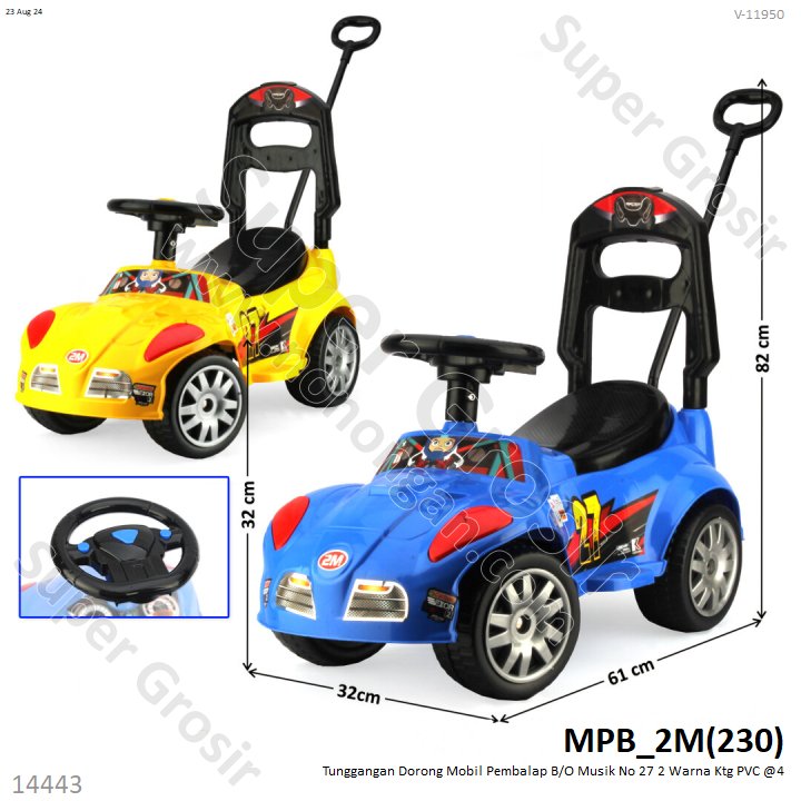 Tunggangan Mobil Dorong dan Sandaran B/O Musik Pembalap No 27 2 Warna Ktg PVC @4