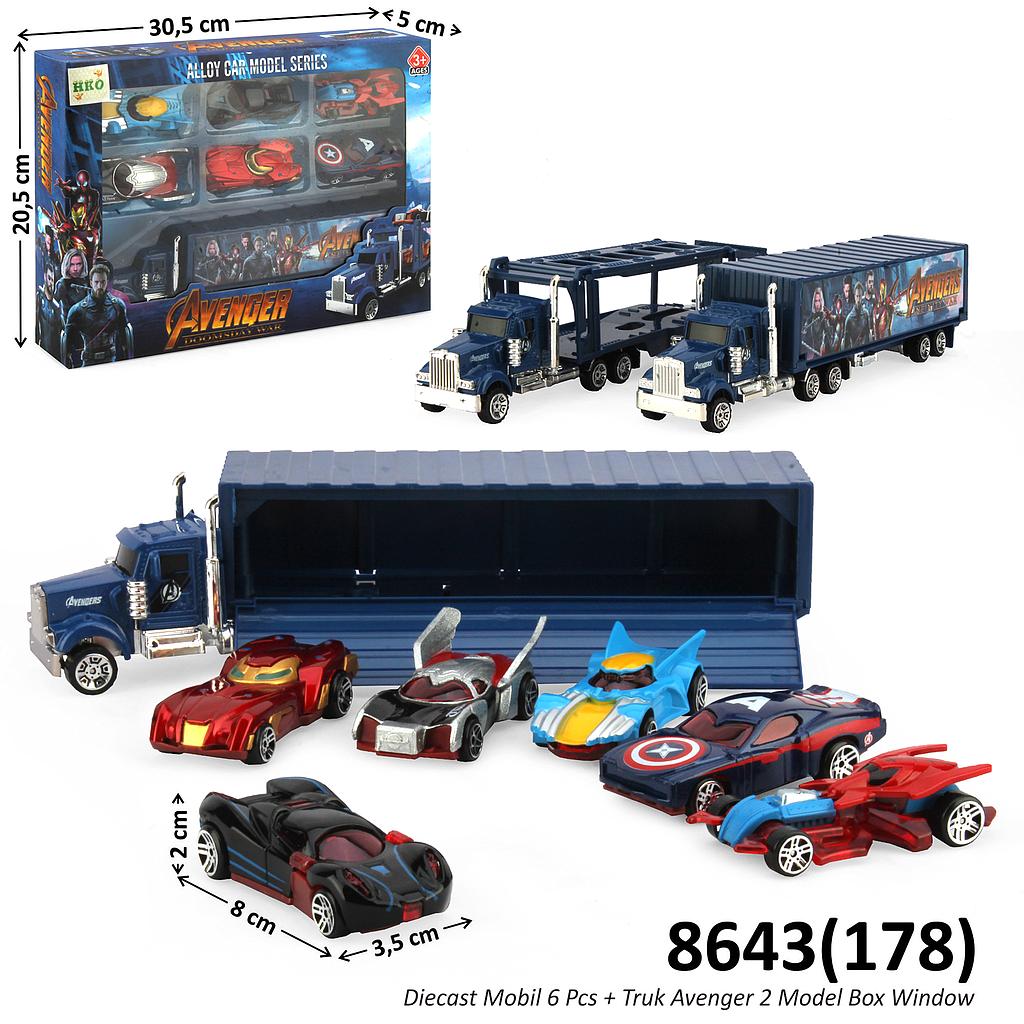 Diecast Mobil Skala Hot Wheels Avengers 6 Pcs dan Truk Trailer 2 Model (Kontainer / Pengangkut Mobil) 1:64 Box Window @48