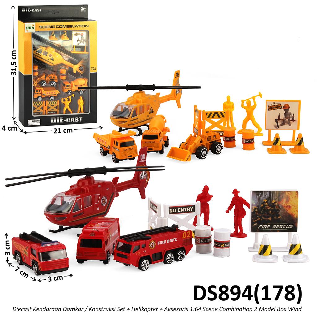 Diecast Kendaraan Set Helikopter Truk 3 Pcs dan Acc Skala Hot Wheels 1:64 2 Varian (Damkar / Konstruksi) Scene Combination Box Window @72