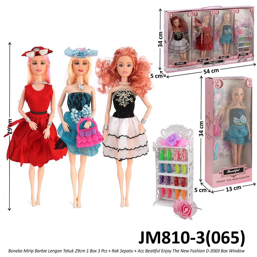 Boneka Barbie Set 3 Pcs dan Rak Sepatu Body Padat Lengan Tekuk Beatiful Enjoy The New Fashion D-3069 Box Window @32