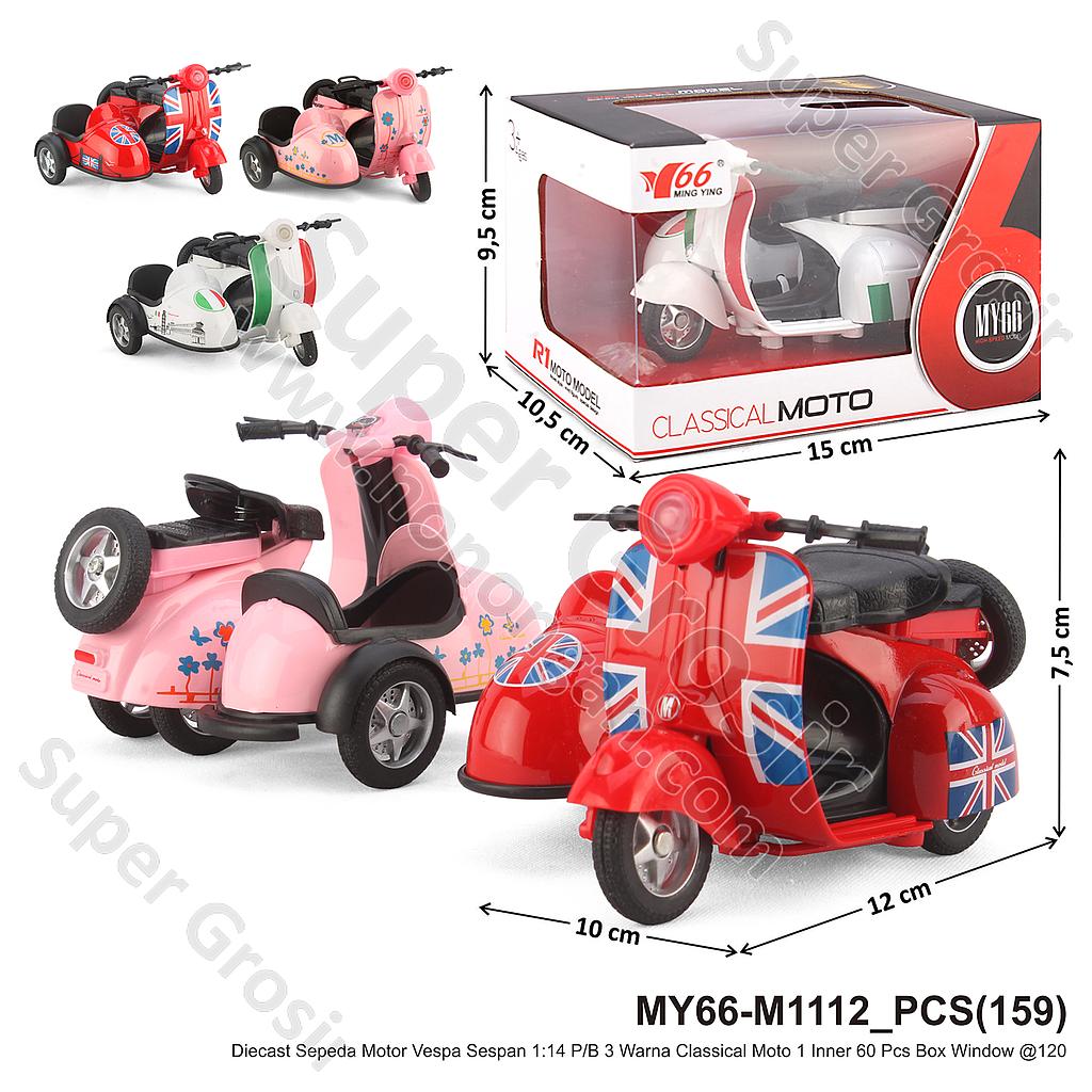 (ONLINE) Diecast Sepeda Motor Vespa Sespan 1:14 P/B Classical Moto Box Window @1