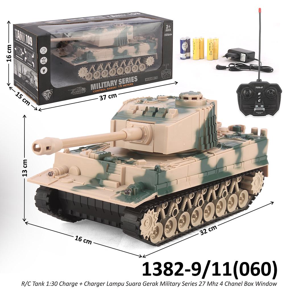 R/C Tank 1:30 Charge + Charger Lampu Suara Gerak Military Series 27 Mhz 4 Channel Box Window @24