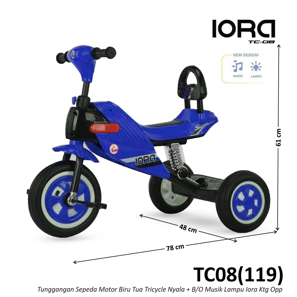 Tunggangan Sepeda Roda 3 Besi Motor Trail Biru Tua + B/O Musik Lampu Iora Ktg Opp @4