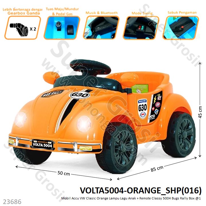 Mobil Aki VW Clasic Orange Lampu Lagu Anak + Remote Classy 5004 Bugs Rally Box @1