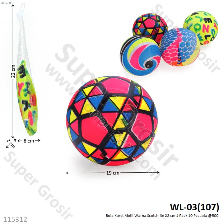 Bola Karet Motif Warna Scotchlite 22 cm 1 Pack 10 Pcs Jala @500