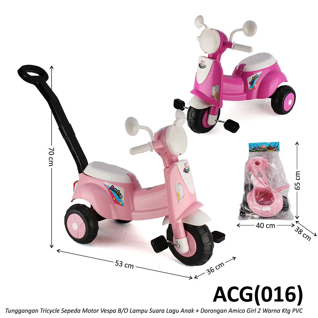 Tunggangan Sepeda Roda 3 Motor Vespa Dorong B/O Suara Lagu Anak Lampu Amico Girl 2 Warna Ktg PVC @6