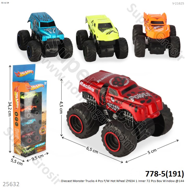 Diecast Mobil Monster Trucks 4 Pcs F/W Hot Wheel ZY634 1 Inner 72 Pcs Box Window @144
