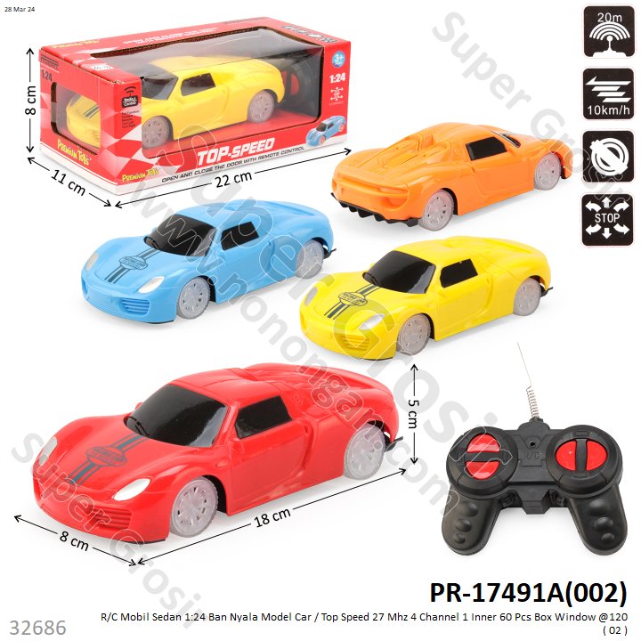 R/C Mobil Sedan 1:24 Ban Nyala Model Car / Top Speed 27 Mhz 4 Channel 1 Inner 60 Pcs Box Window @120