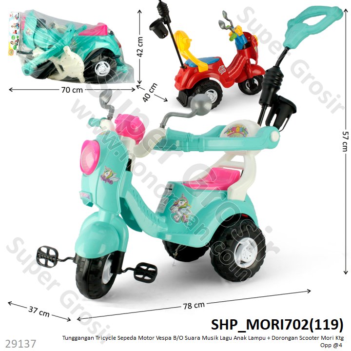 Tunggangan Sepeda Roda 3 Motor Vespa B/O Suara Musik Lagu Anak Lampu + Dorongan Scooter Mori Ktg Opp @4