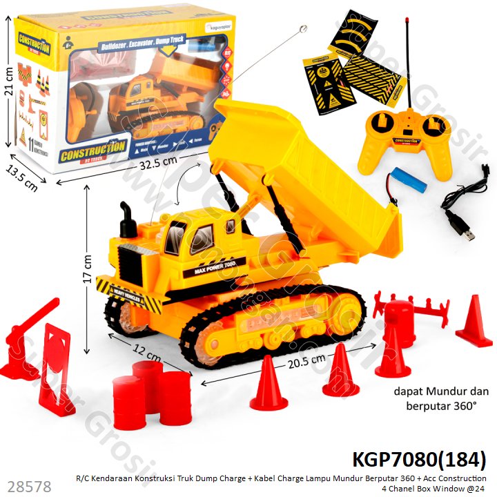 R/C Truk Konstruksi Dump Roda Rantai 21 cm Charge + Kabel Charge Lampu Mundur Berputar 360 + Acc Construction 4 Channel Box Window @24