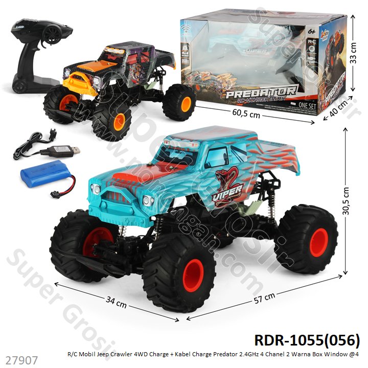 R/C Rock Crawler 1:6 4WD Charge Remote Pistol + Kabel Charge Predator 2.4GHz 4 Channel 2 Warna 57 cm Box Window @4
