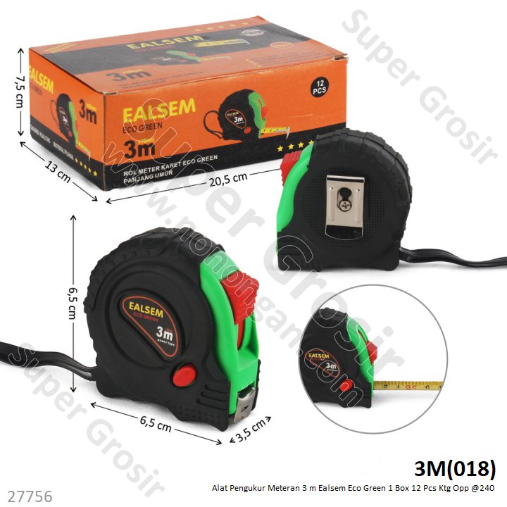 Meteran 3 m Ealsem Eco Green 1 Box 12 Pcs Loose Pack @240