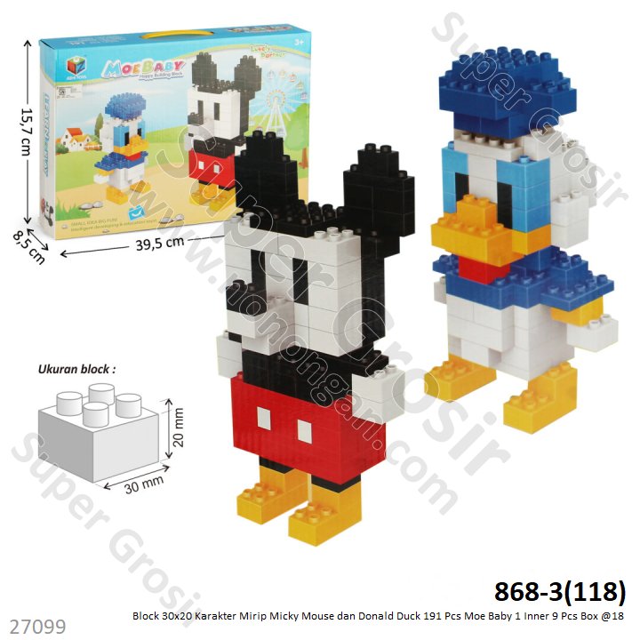 Block 30x20 Karakter Micky Mouse dan Donald Duck 191 Pcs Moe Baby 1 Inner 9 Pcs Box @18