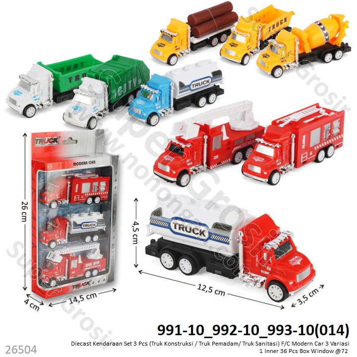 Diecast Truk 3 Pcs F/C 13 cm Modern Car 3 Variasi (Konstruksi / Damkar / Sanitasi) 1 Inner 36 Pcs Box Window @72