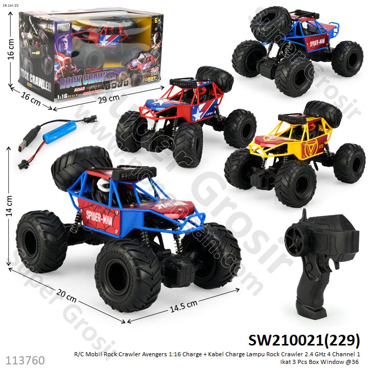 R/C Mobil Rock Crawler Avengers 1:16 Charge + Kabel Charge Lampu Rock Crawler 2.4 GHz 4 Channel 1 Ikat 3 Pcs Box Window @36