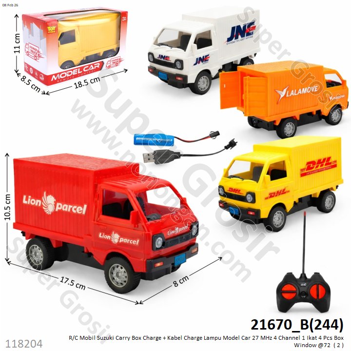 R/C Mobil Suzuki Carry Box Charge + Kabel Charge Lampu Model Car 27 MHz 4 Channel 1 Ikat 4 Pcs Box Window @72