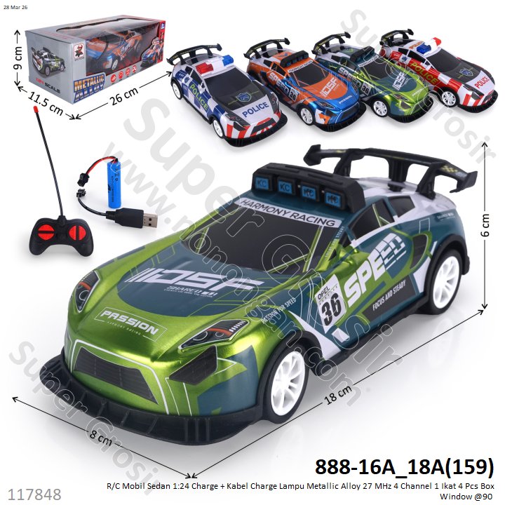 R/C Mobil Sedan 1:24 Charge + Kabel Charge Lampu Metallic Alloy 27 MHz 4 Channel 1 Ikat 4 Pcs Box Window @90