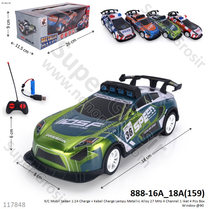 R/C Mobil Sedan 1:24 Charge + Kabel Charge Lampu Metallic Alloy 27 MHz 4 Channel 1 Ikat 4 Pcs Box Window @90