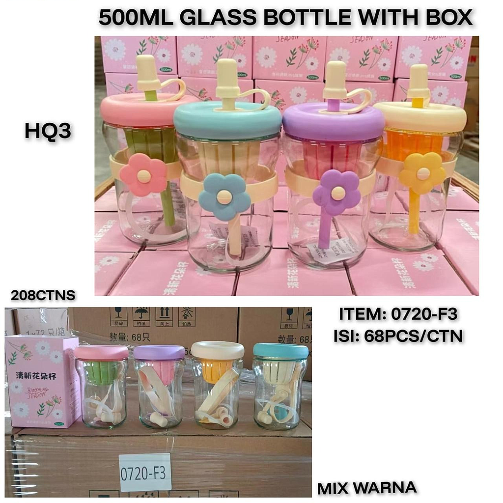 (OBRAL) Gelas Minum Kaca 500 ml + Sedotan Blooming Season Ktg @68 