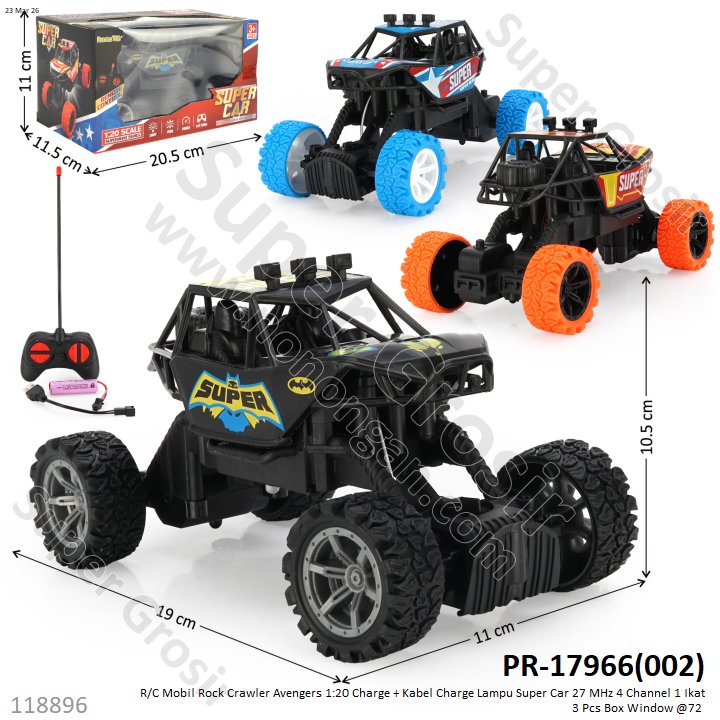 R/C Mobil Rock Crawler Avengers 1:20 Charge + Kabel Charge Lampu Super Car 27 MHz 4 Channel 1 Ikat 3 Pcs Box Window @72