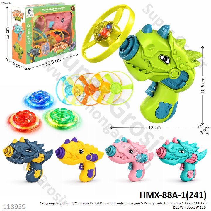 Gangsing Beyblade B/O Lampu Pistol Dino dan Lantai Piringan 5 Pcs Gyroufo Dinos Gun 1 Inner 108 Pcs Box Windows @216